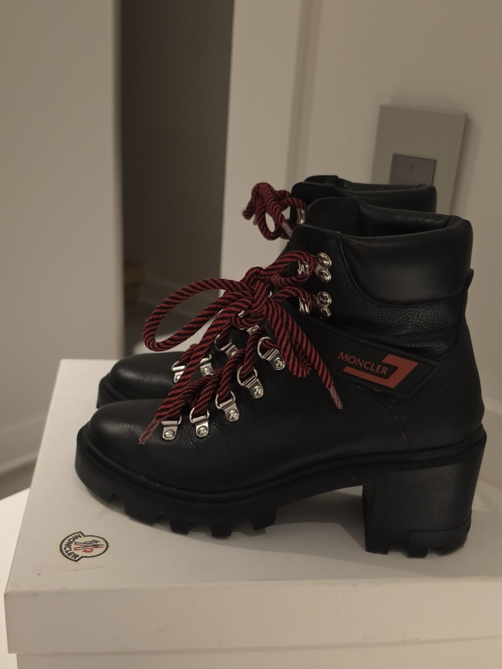 Moncler Black Leather Lace-Up Lug Heel Boots with Red Rope Laces